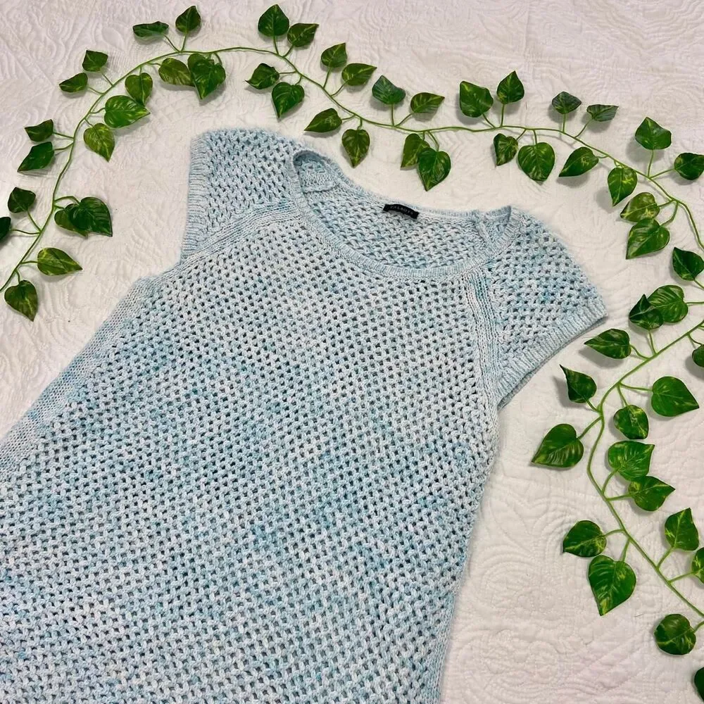albots Light Blue Crochet Knit Short Sleeve Top | Open Weave Pullover Blouse